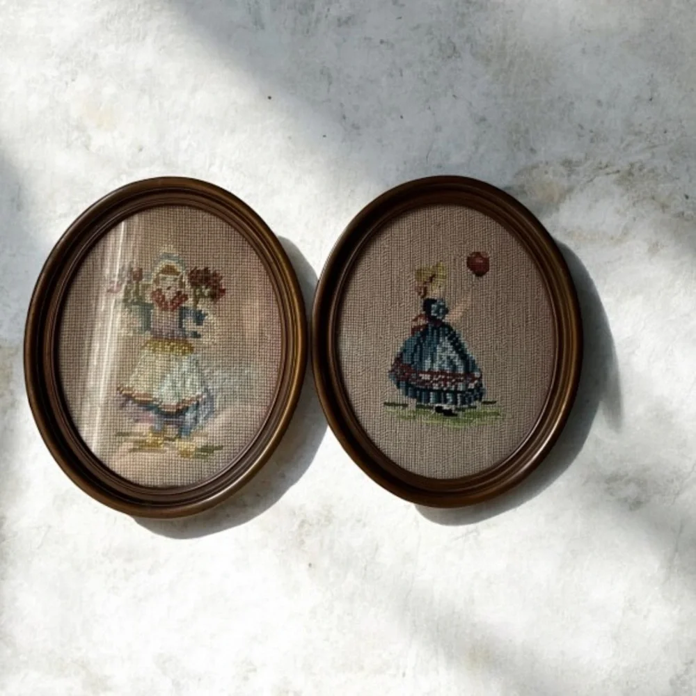 Vintage needle point Wall Art Set of 2 Victorian ladies with flowers